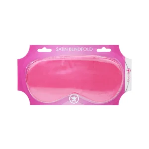 A pink satin blindfold displayed in its packaging with a matching pink background and the words "SATIN BLINDFOLD" printed at the top.
