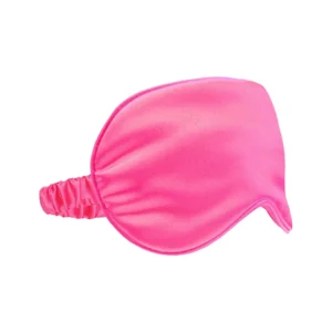 A bright pink satin sleep mask with a gathered elastic strap, designed in a leaf-like shape.