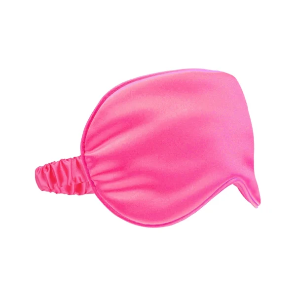 A bright pink satin sleep mask with a gathered elastic strap, designed in a leaf-like shape.