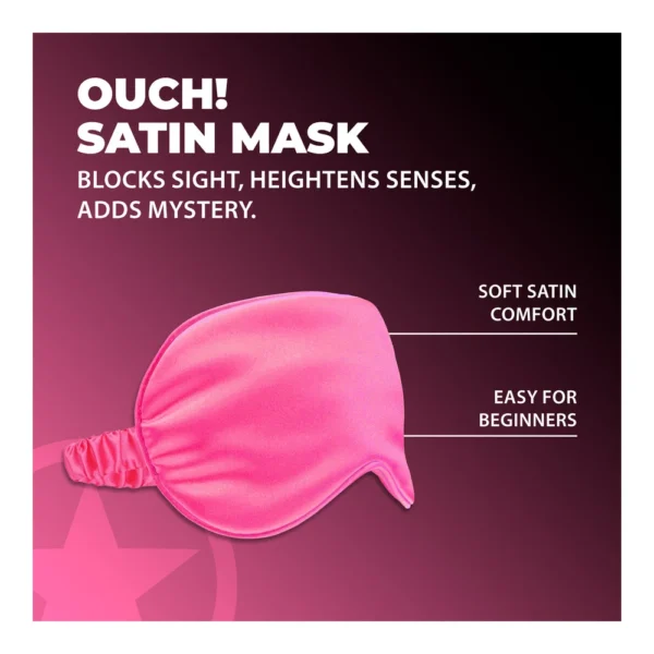 A pink satin eye mask is shown on a plum background with text: "Ouch! Satin Mask. Blocks sight, heightens senses, adds mystery." Labels highlight "Soft satin comfort" and "Easy for beginners.