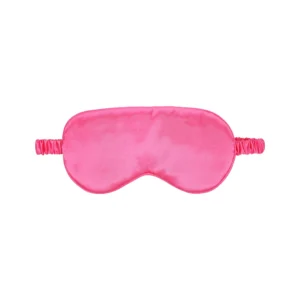 A pink satin sleep mask with an elastic strap, displayed against a white background.