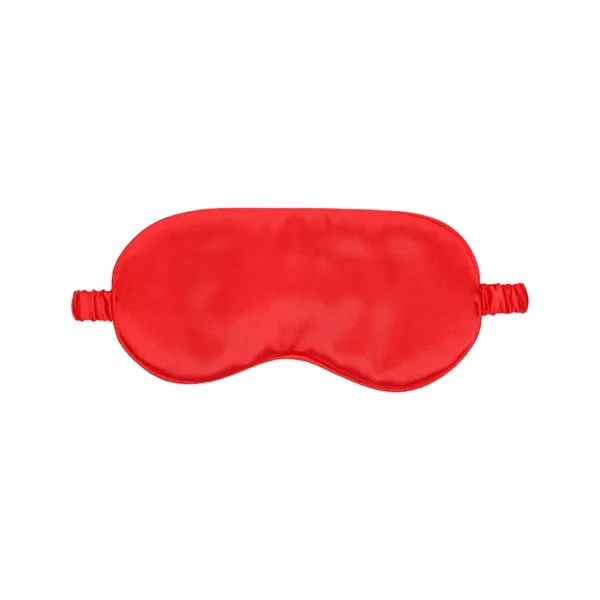 A red satin sleep mask with an elastic strap, displayed on a white background.