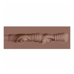 A close-up view of a textured, flesh-toned cylindrical object with grooves, ridges, and folds along its surface, set against a plain brown background.