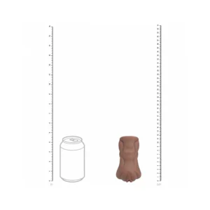 A brown object shaped like a paw stands upright beside the outline of a fizzy drink can, both placed between rulers marked in inches and centimetres for scale.