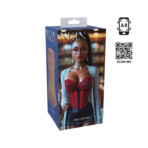 A product box featuring a woman in a red and black corset, glasses, and a grey cardigan, with a library background. The text reads "Sexy Librarian" and includes a QR code and an AR (augmented reality) icon.