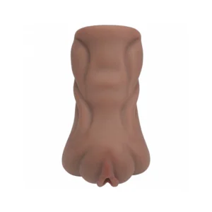 A brown, cylindrical object with a textured, contoured surface and a narrow opening at the bottom, resembling an abstract or stylised sculpture on a white background.