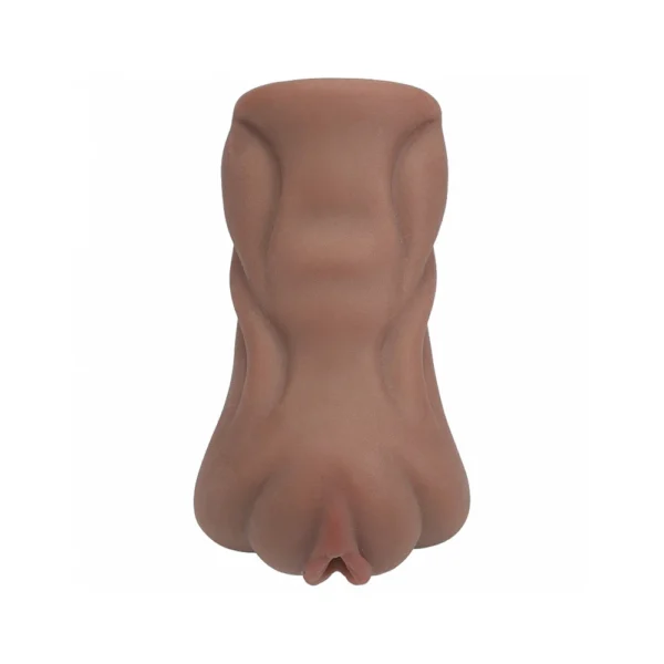 A brown, cylindrical object with a textured, contoured surface and a narrow opening at the bottom, resembling an abstract or stylised sculpture on a white background.