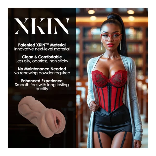 A woman in a red and black corset, glasses, and suspender belt stands in a library. Beside her is a beige, flesh-like product and text highlighting features: patented material, comfort, no maintenance, and enhanced experience.
