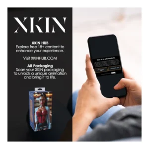 A person holds a mobile phone displaying an age verification screen. To the left is an advert for XKIN HUB, mentioning AR packaging and adult content, with an image of product packaging showing a woman in a red outfit.