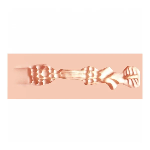 A pink, elongated, and abstract foam object with ridges and bumps along its length, resembling an anatomical or organic form, placed on a pale pink background.