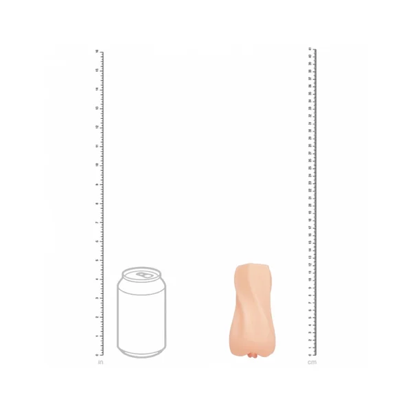 A size comparison chart showing a standard fizzy drink can next to a realistic, flesh-toned silicone object shaped like a human torso, with vertical rulers displaying measurements in inches and centimetres.