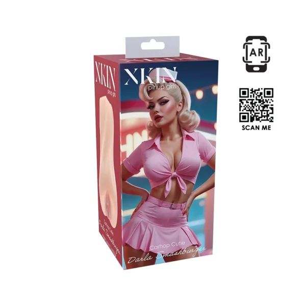 A product box featuring an illustrated pin-up girl in a pink crop top and skirt. The box displays the brand name "XKIN" and the product name "Darla Smashburger" with a QR code and "SCAN ME" text on the side.