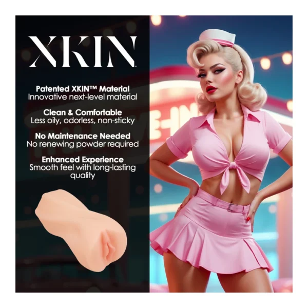 A retro-styled woman in a pink nurse outfit poses beside product features for "XKIN." The text highlights patented material, comfort, no maintenance, and enhanced experience. A realistic skin-toned product is displayed in the corner.