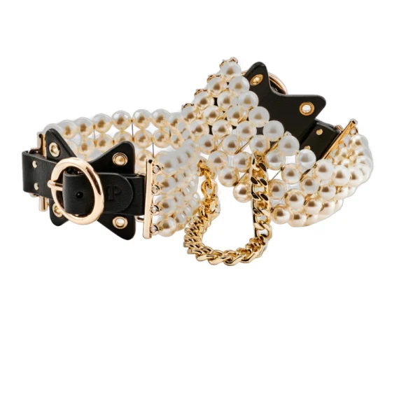 A luxury necklace or collar featuring multiple strands of white pearls, black leather accents, gold fittings, and a gold chain, displayed against a white background.