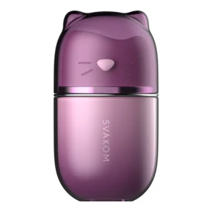 A sleek, purple bottle with a cap shaped like a cat’s head, featuring simple facial details and the brand name "SVAKOM" printed vertically on the body.