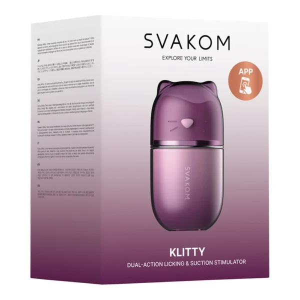 A product box for the SVAKOM Klitty, a dual-action licking and suction stimulator. The box is purple with an image of the cat-eared device and includes the SVAKOM logo and app compatibility icon.