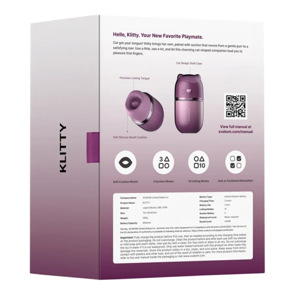 Back of a KLITTY branded product box in purple gradient, showing images and features of a tongue-shaped adult toy, QR code, usage icons, and technical details in black text.