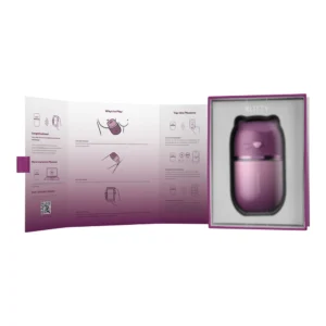 A purple personal massager in cat-shaped packaging is displayed next to an open instruction booklet with diagrams and text on a white and purple gradient background.
