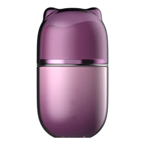 A sleek, purple, cat-shaped perfume bottle with small ears on the cap, a smooth glossy finish, and minimalist design, set against a white background.