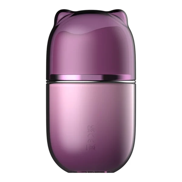 A sleek, purple, cat-shaped perfume bottle with small ears on the cap, a smooth glossy finish, and minimalist design, set against a white background.