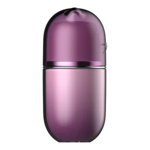A sleek, capsule-shaped perfume bottle with a glossy, gradient finish in shades of purple and pink, featuring a smooth, rounded top and a reflective surface.