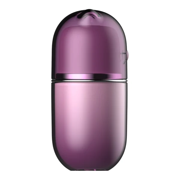 A sleek, capsule-shaped perfume bottle with a glossy, gradient finish in shades of purple and pink, featuring a smooth, rounded top and a reflective surface.