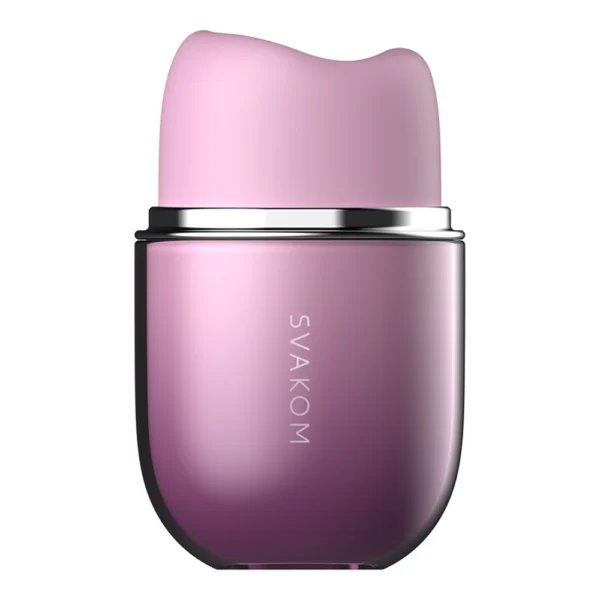 A small, sleek, and modern-looking device with a smooth gradient from dark to light purple and a soft, rounded, pink silicone top. The brand name "Svakom" is printed vertically on the front.