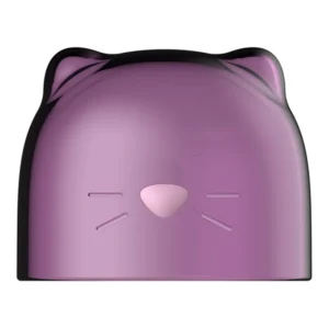 A purple, rounded object shaped like a cat’s head, featuring small cat ears, a raised nose, and simple etched whiskers and eyes. The design is minimalistic and smooth.