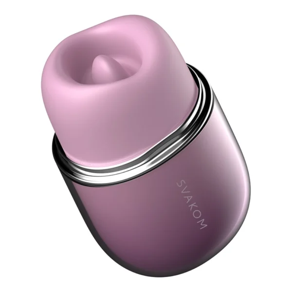 A close-up of a pink and metallic purple SVAKOM device with a rounded, soft silicone tip and a sleek, cylindrical body.