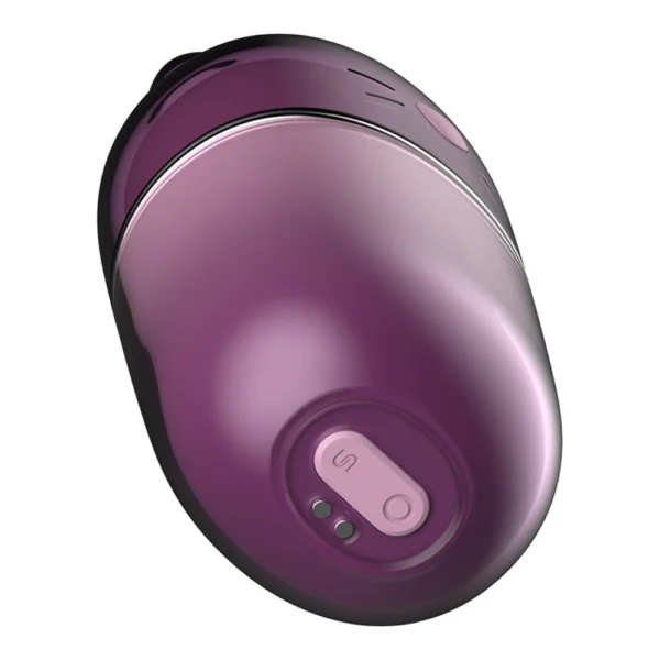 A close-up of a small, oval-shaped, purple and pink electronic device with a button and indicator lights on one side.
