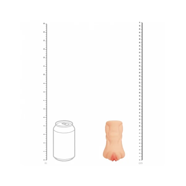 A size comparison chart showing a fizzy drink can next to a realistic model of a human nose, with rulers on both sides displaying measurements in inches (left) and centimetres (right).