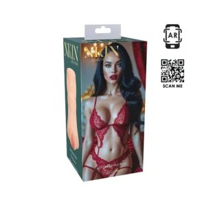 A product box featuring a woman in red lace lingerie on the front, with the brand name "SKIN Secrets Affairs" and a flesh-toned object illustrated on the side. A QR code and "SCAN ME" text are visible nearby.