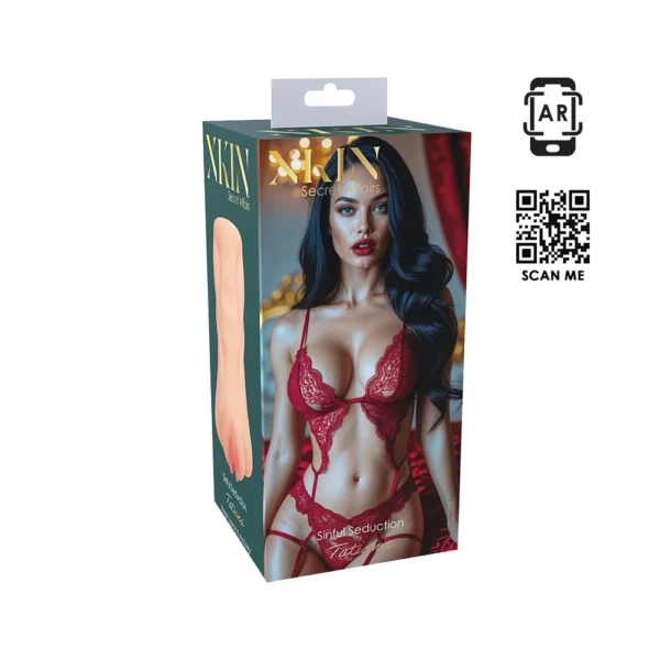 A product box featuring a woman in red lace lingerie on the front, with the brand name "SKIN Secrets Affairs" and a flesh-toned object illustrated on the side. A QR code and "SCAN ME" text are visible nearby.