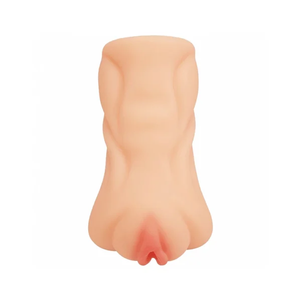 A silicone adult toy in a light skin tone, featuring an anatomically detailed vaginal opening and sculpted external features.
