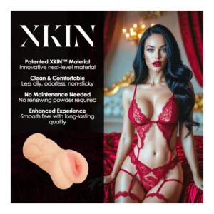 An advert for XXIN featuring a woman in red lingerie seated on a bed with text highlighting product features and an image of a realistic adult toy in the lower left corner.