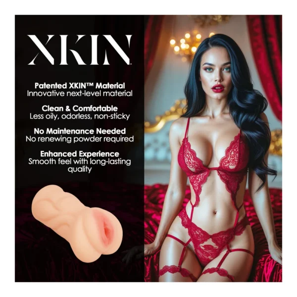 An advert for XXIN featuring a woman in red lingerie seated on a bed with text highlighting product features and an image of a realistic adult toy in the lower left corner.