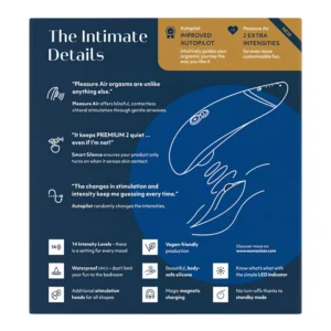Product packaging featuring features of a personal pleasure device, including improved autopilot, 2 extra intensities, Smart Silence, vegan-friendly material, waterproof design, and 14 intensity levels, presented with icons and diagrams.