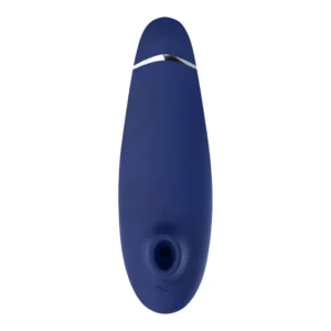 A blue, oval-shaped electronic device with a metallic accent near the top and a circular opening at the bottom, set against a white background.