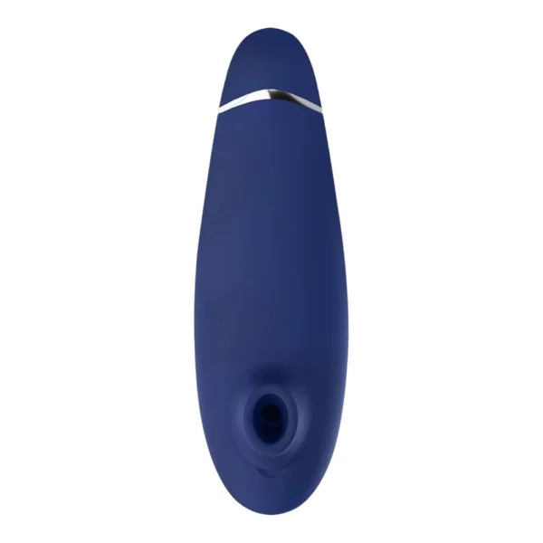 A blue, oval-shaped electronic device with a metallic accent near the top and a circular opening at the bottom, set against a white background.