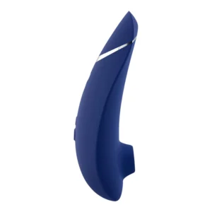 A navy blue, curved, and sleek handheld electronic device with a silver accent line near the top, shown on a white background.