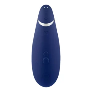 A dark blue, oval-shaped electronic device with several buttons and a silver accent near the top, displayed against a white background.