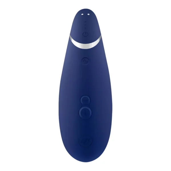 A dark blue, oval-shaped electronic device with several buttons and a silver accent near the top, displayed against a white background.