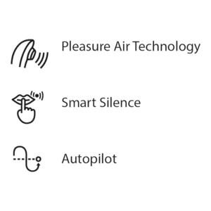 Three icons with text: a wavy signal and fingertip labelled "Pleasure Air Technology," a finger over lips labelled "Smart Silence," and a dotted path with a circle labelled "Autopilot.