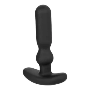 A black silicone butt plug with a tapered tip, a bulbous middle, and a curved safety base designed for safe and comfortable anal use.