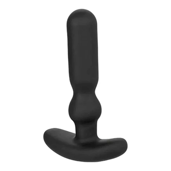 colt-anal-t-1 A black silicone butt plug with a tapered tip, a bulbous middle, and a curved safety base designed for safe and comfortable anal use.