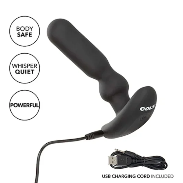 Black, curved vibrating device labelled “COLT” with attached USB charging cord. Text bubbles state: “Body Safe,” “Whisper Quiet,” and “Powerful.” A detached USB lead is shown below.
