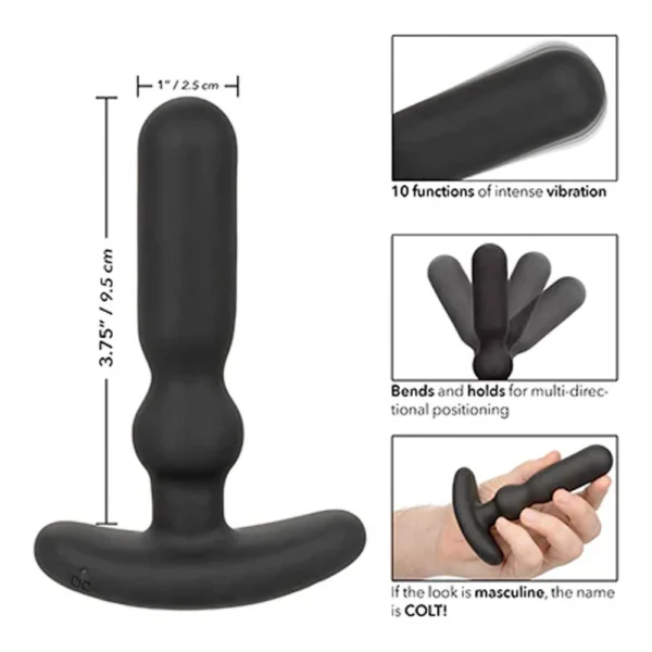 Black vibrating anal plug with measurements (3.75” long, 1” wide), features for vibration functions, flexible shaft for positioning, and a curved handle for grip.