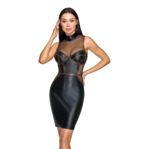 Woman in a sleeveless, black, form-fitting dress with mesh detailing on the chest and sides, posing with one hand near her face and the other resting at her side against a white background.