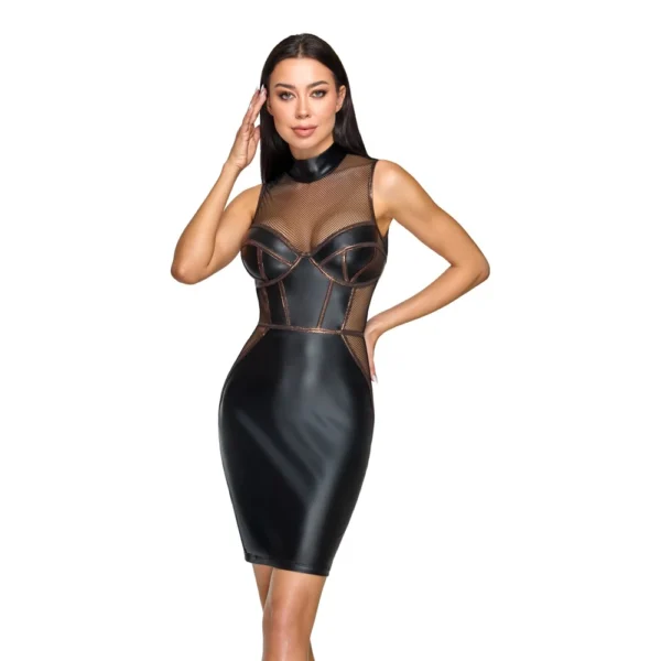 cottelli-party-sleeveless-dress-front Woman in a sleeveless, black, form-fitting dress with mesh detailing on the chest and sides, posing with one hand near her face and the other resting at her side against a white background.