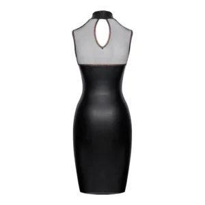 Black sleeveless bodycon dress with a high neck, mesh upper back panel, keyhole cut-out below the neck, and a fitted, knee-length silhouette.